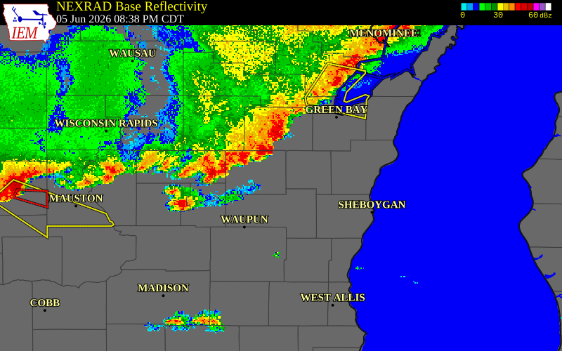 NEXRAD radar during the Friday, June 5, 2026 storm activity in Waushara County, Wisconsin