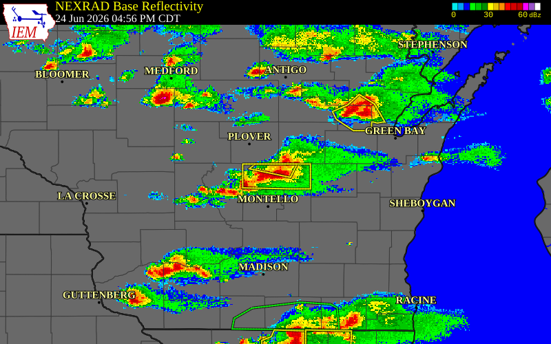 Radar snapshot during the Jun 24, 2026 hail event near 1 SW Wild Rose, Waushara County, Wisconsin, with NWS warning polygons