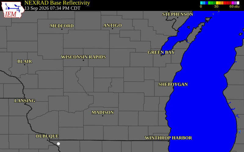 Current NEXRAD radar over Waushara County, Wisconsin with recent storm report locations