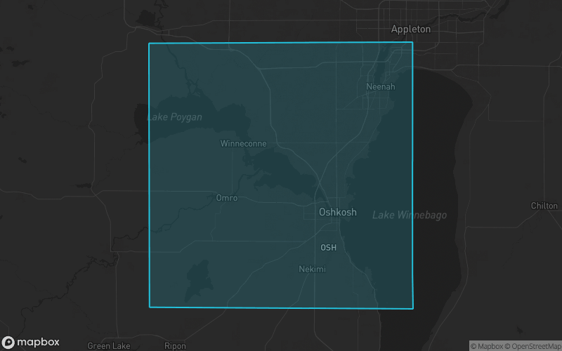 Map of Winnebago County, Wisconsin showing the county boundary and surrounding cities