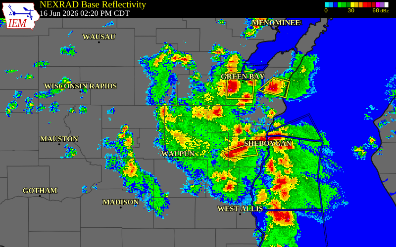 NEXRAD radar during the Tuesday, June 16, 2026 storm activity in Winnebago County, Wisconsin