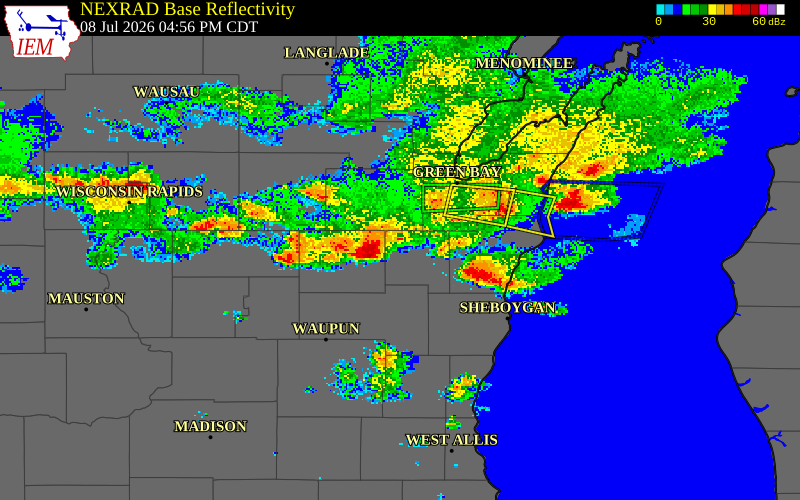 NEXRAD radar during the Wednesday, July 8, 2026 storm activity in Winnebago County, Wisconsin