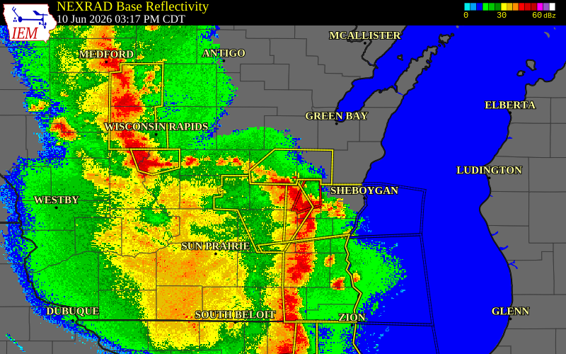 Radar snapshot during the Jun 10, 2026 wind event near 1 S Wittman Field, Winnebago County, Wisconsin, with NWS warning polygons