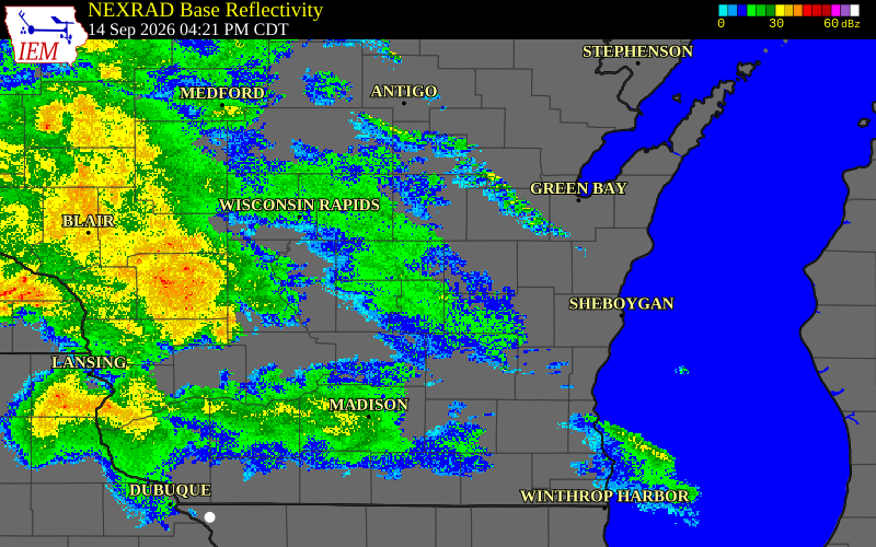 Current NEXRAD radar over Winnebago County, Wisconsin with recent storm report locations