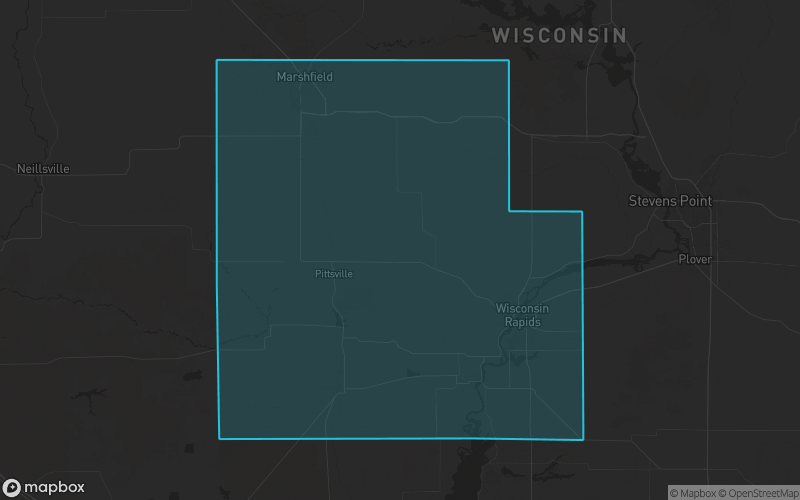 Map of Wood County, Wisconsin showing the county boundary and surrounding cities