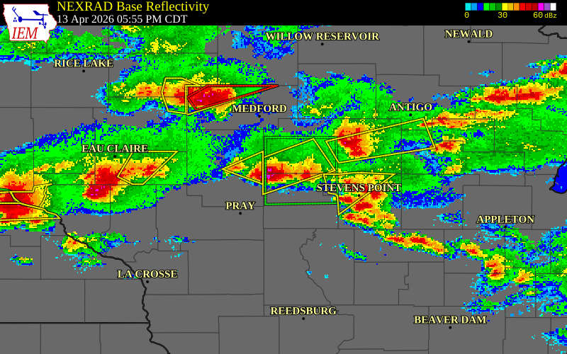 NEXRAD radar during the Monday, April 13, 2026 storm activity in Wood County, Wisconsin