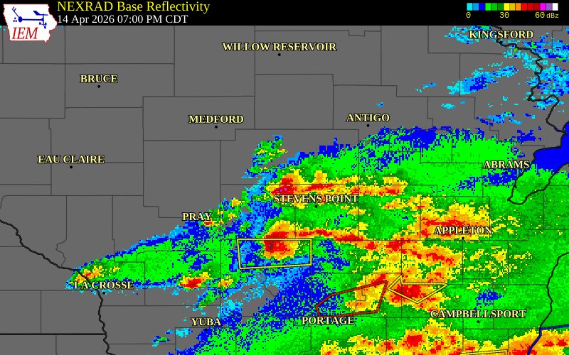 NEXRAD radar during the Tuesday, April 14, 2026 storm activity in Wood County, Wisconsin
