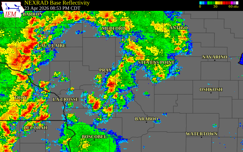 NEXRAD radar during the Thursday, April 23, 2026 storm activity in Wood County, Wisconsin