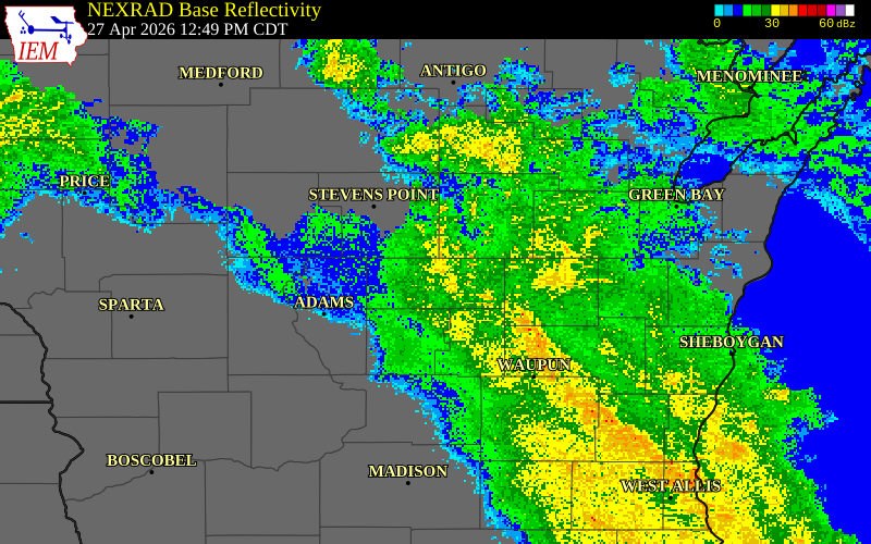 NEXRAD radar during the Monday, April 27, 2026 storm activity in Wood County, Wisconsin
