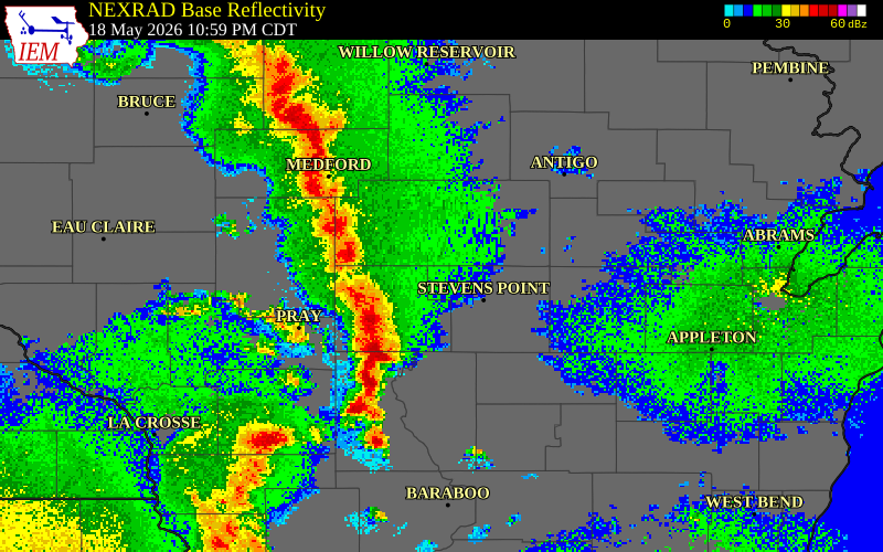 NEXRAD radar during the Monday, May 18, 2026 storm activity in Wood County, Wisconsin