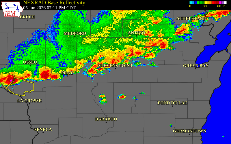 NEXRAD radar during the Friday, June 5, 2026 storm activity in Wood County, Wisconsin