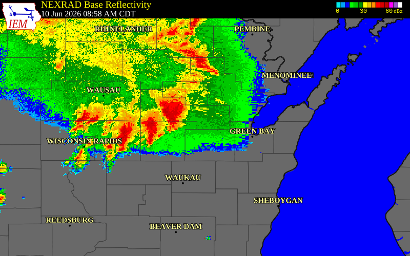 NEXRAD radar during the Wednesday, June 10, 2026 storm activity in Wood County, Wisconsin