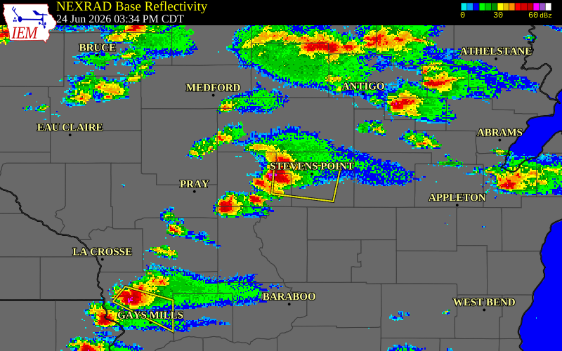 NEXRAD radar during the Wednesday, June 24, 2026 storm activity in Wood County, Wisconsin