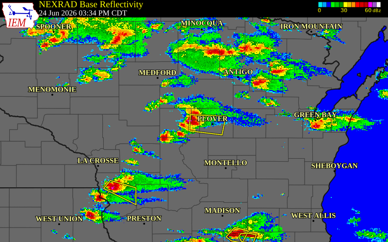 Radar snapshot during the Jun 24, 2026 hail event near Rudolph, Wood County, Wisconsin, with NWS warning polygons