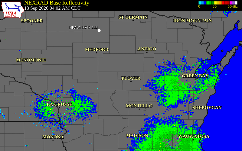 Current NEXRAD radar over Wood County, Wisconsin with recent storm report locations