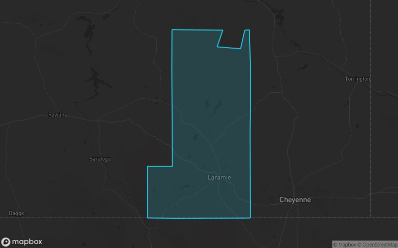 Map of Albany County, Wyoming showing the county boundary and surrounding cities