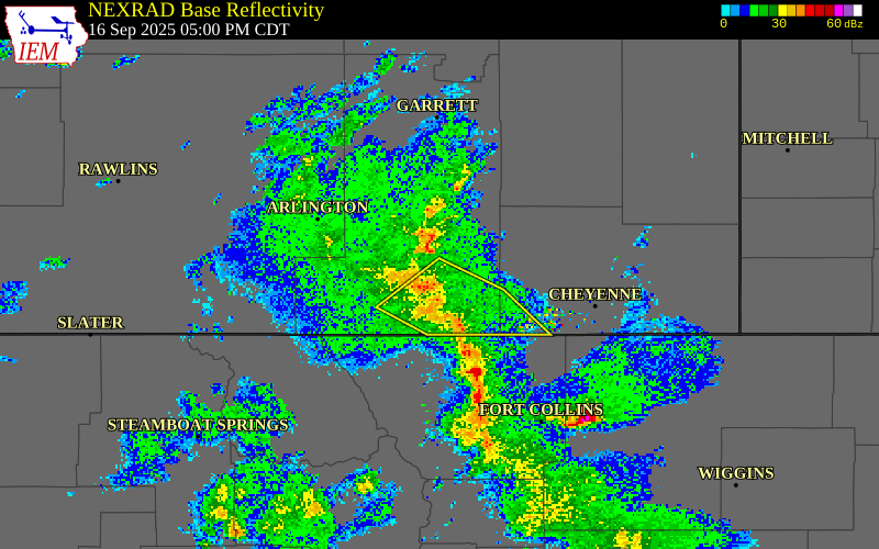 NEXRAD radar during the Tuesday, September 16, 2025 storm activity in Albany County, Wyoming
