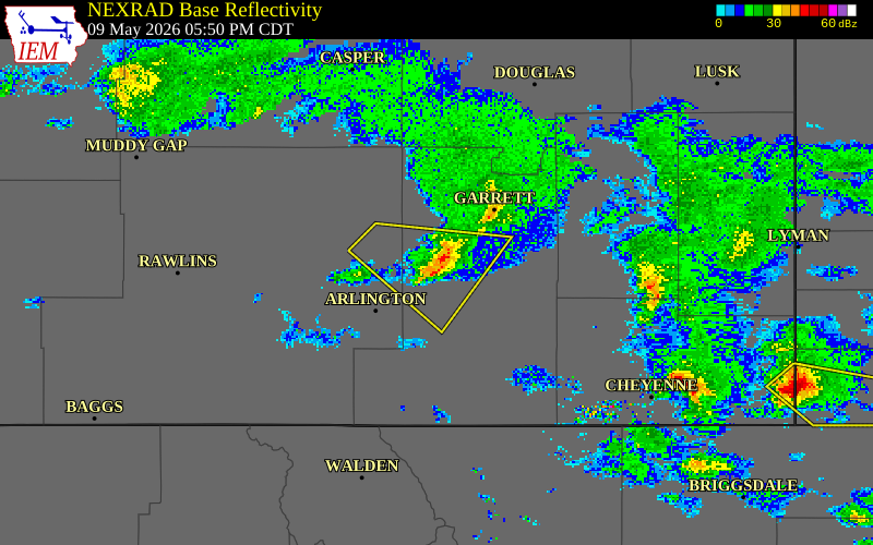 NEXRAD radar during the Saturday, May 9, 2026 storm activity in Albany County, Wyoming