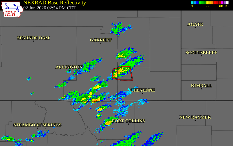 NEXRAD radar during the Tuesday, June 2, 2026 storm activity in Albany County, Wyoming