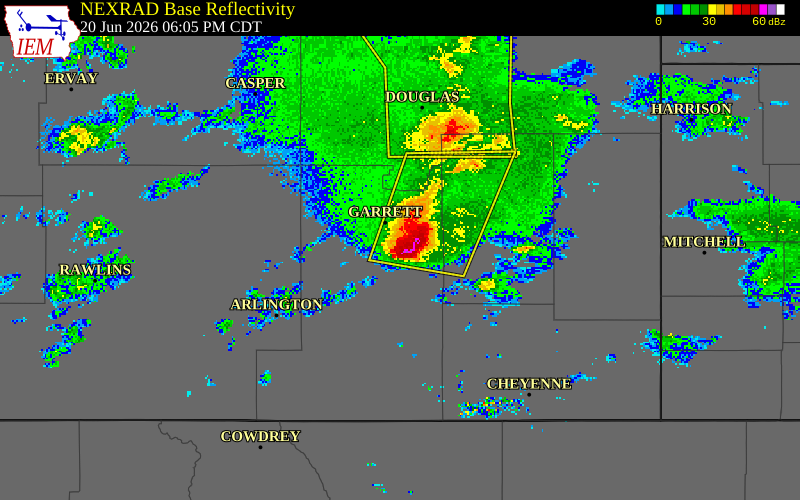 NEXRAD radar during the Saturday, June 20, 2026 storm activity in Albany County, Wyoming