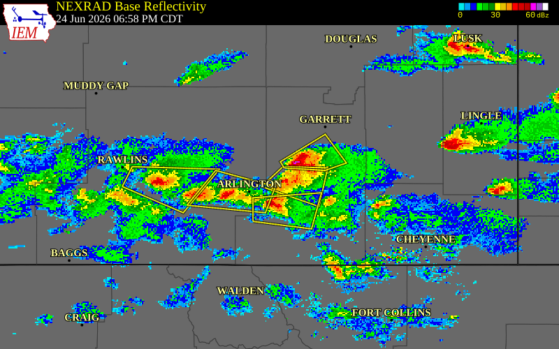 NEXRAD radar during the Wednesday, June 24, 2026 storm activity in Albany County, Wyoming