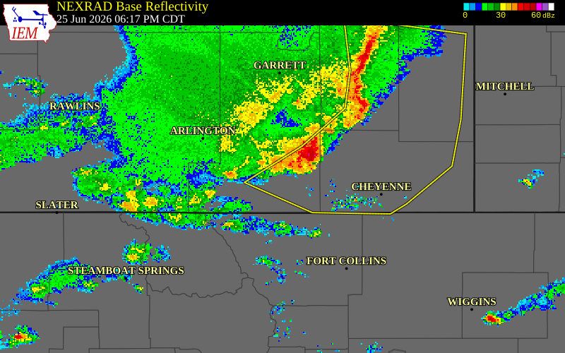 NEXRAD radar during the Thursday, June 25, 2026 storm activity in Albany County, Wyoming
