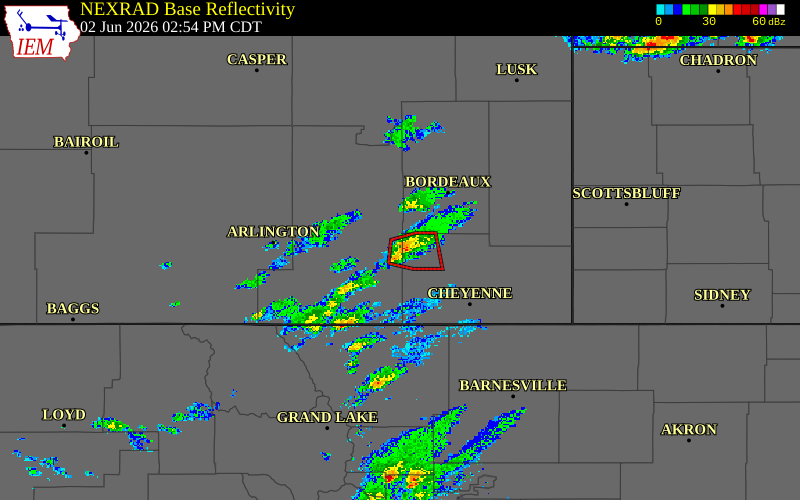 Radar snapshot during the Jun 2, 2026 tornado event near 11 NNW Horse Creek, Albany County, Wyoming, with NWS warning polygons