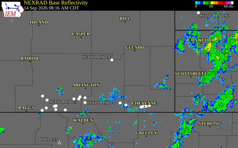 Current NEXRAD radar over Albany County, Wyoming with recent storm report locations