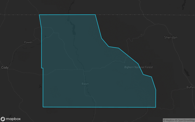 Map of Big Horn County, Wyoming showing the county boundary and surrounding cities