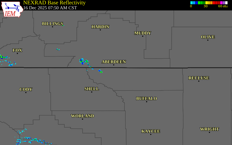NEXRAD radar during the Tuesday, December 16, 2025 storm activity in Big Horn County, Wyoming