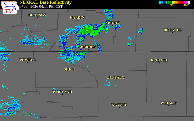 NEXRAD radar during the Wednesday, January 7, 2026 storm activity in Big Horn County, Wyoming