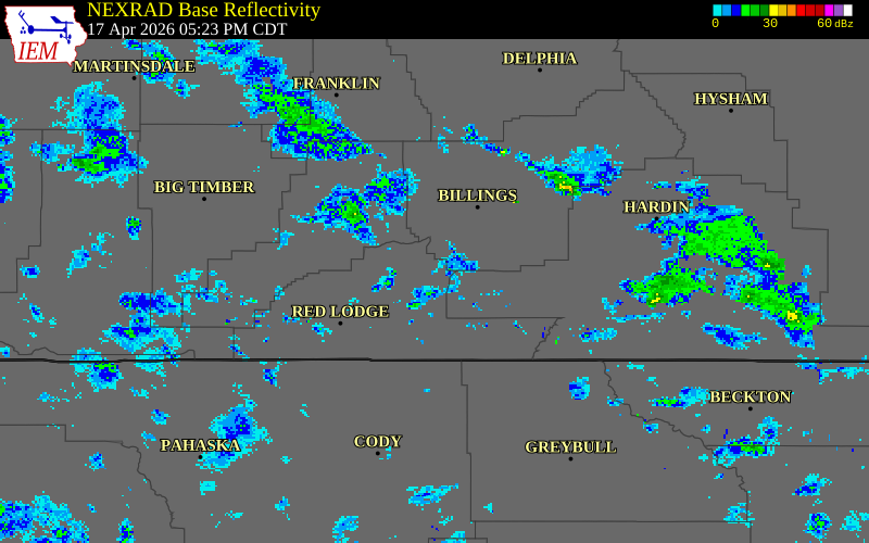 NEXRAD radar during the Friday, April 17, 2026 storm activity in Big Horn County, Wyoming