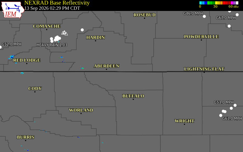 Current NEXRAD radar over Big Horn County, Wyoming with recent storm report locations