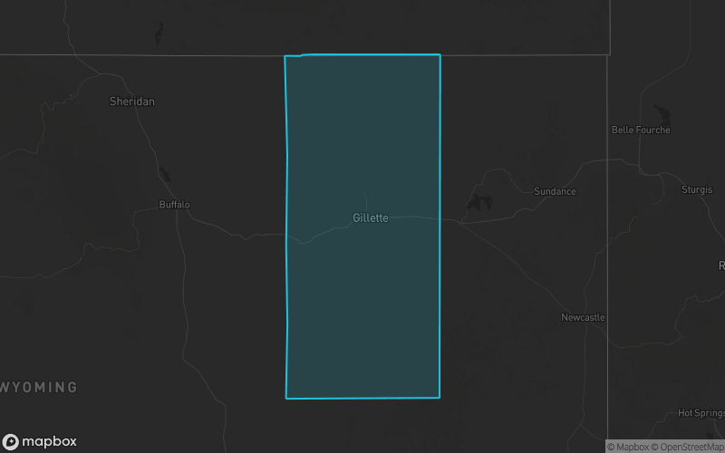 Map of Campbell County, Wyoming showing the county boundary and surrounding cities