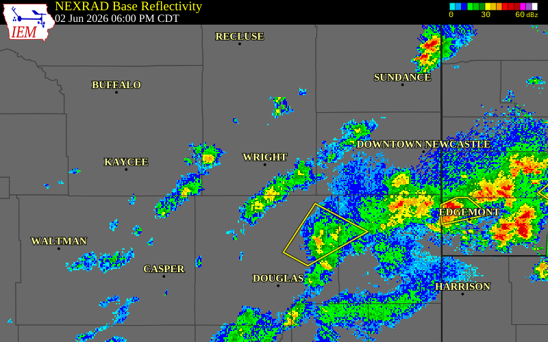 NEXRAD radar during the Tuesday, June 2, 2026 storm activity in Campbell County, Wyoming