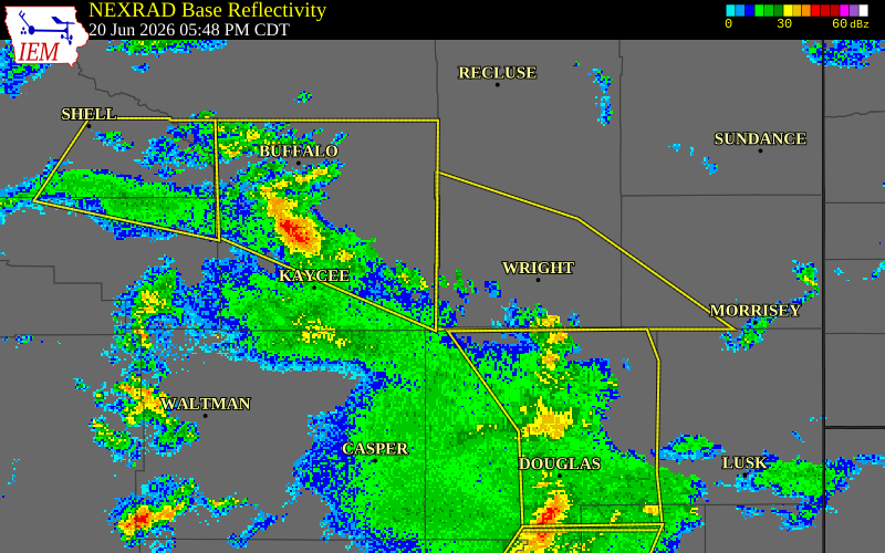 NEXRAD radar during the Saturday, June 20, 2026 storm activity in Campbell County, Wyoming