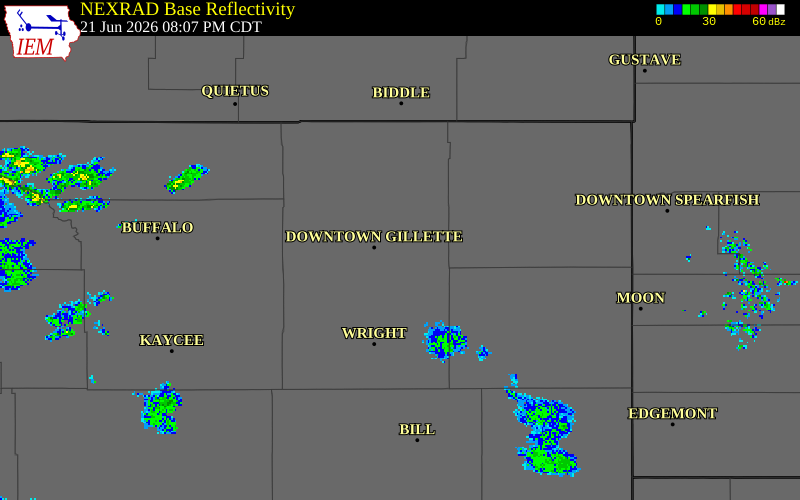 NEXRAD radar during the Sunday, June 21, 2026 storm activity in Campbell County, Wyoming
