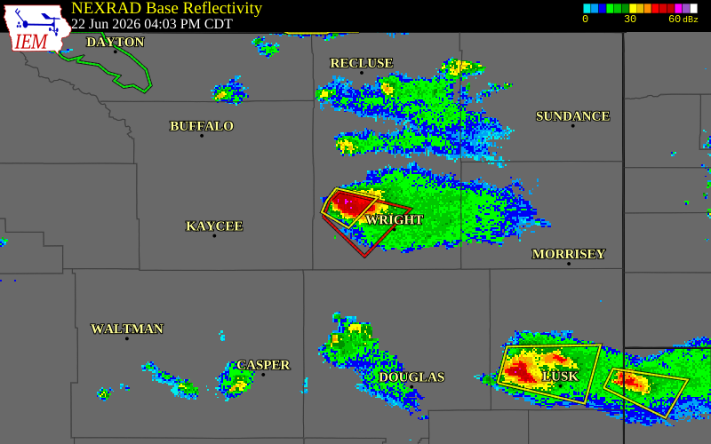 NEXRAD radar during the Monday, June 22, 2026 storm activity in Campbell County, Wyoming