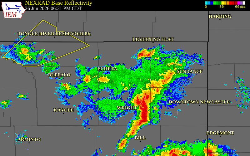NEXRAD radar during the Friday, June 26, 2026 storm activity in Campbell County, Wyoming