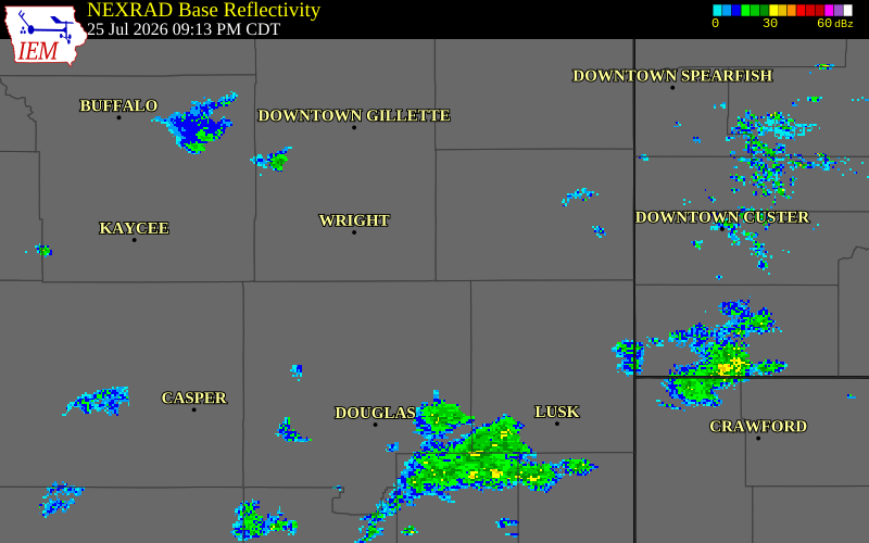 NEXRAD radar during the Saturday, July 25, 2026 storm activity in Campbell County, Wyoming