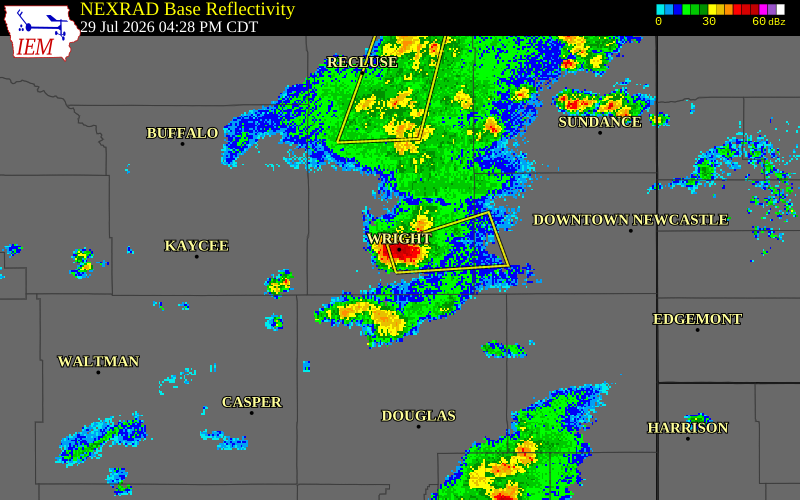 NEXRAD radar during the Wednesday, July 29, 2026 storm activity in Campbell County, Wyoming
