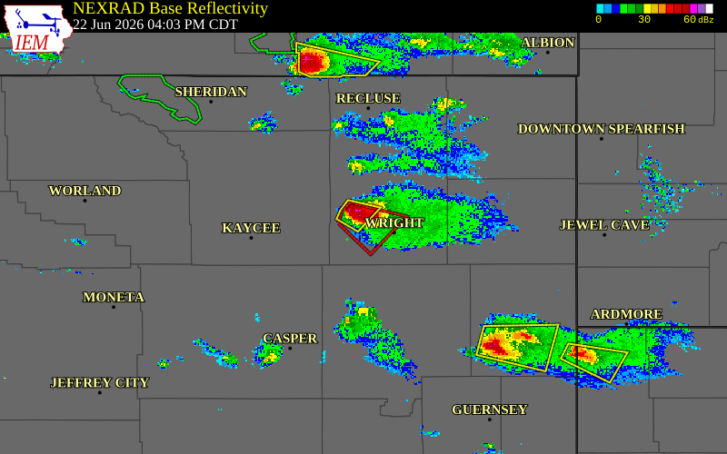 Radar snapshot during the Jun 22, 2026 tornado event near 5 SSE Savageton, Campbell County, Wyoming, with NWS warning polygons