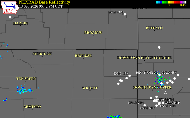 Current NEXRAD radar over Campbell County, Wyoming with recent storm report locations