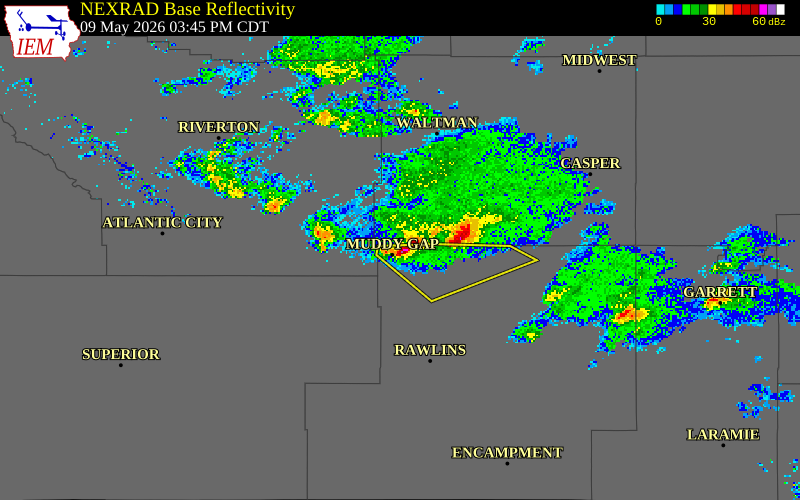 NEXRAD radar during the Saturday, May 9, 2026 storm activity in Carbon County, Wyoming