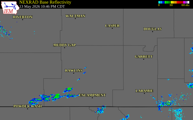 NEXRAD radar during the Wednesday, May 13, 2026 storm activity in Carbon County, Wyoming
