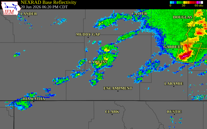 NEXRAD radar during the Saturday, June 20, 2026 storm activity in Carbon County, Wyoming