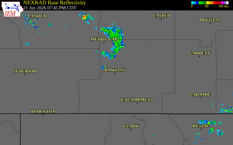 NEXRAD radar during the Sunday, June 21, 2026 storm activity in Carbon County, Wyoming