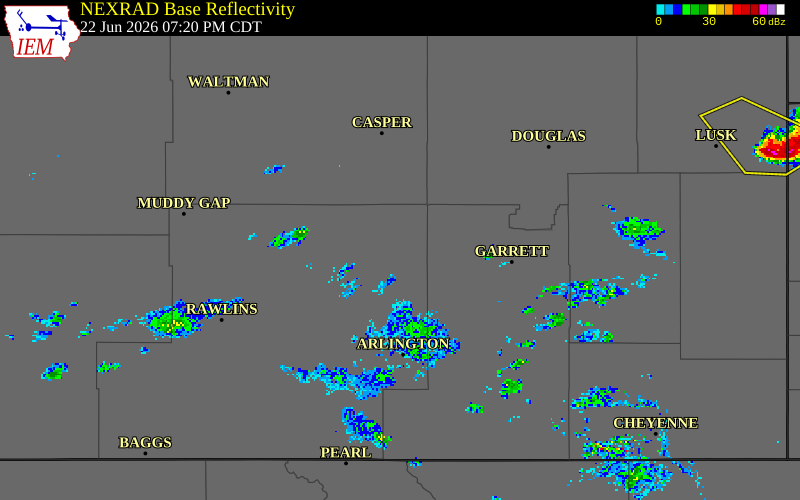 NEXRAD radar during the Monday, June 22, 2026 storm activity in Carbon County, Wyoming