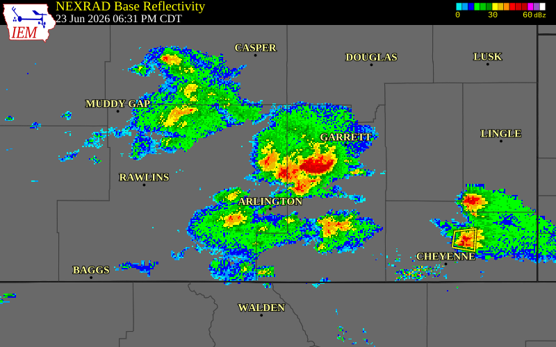 NEXRAD radar during the Tuesday, June 23, 2026 storm activity in Carbon County, Wyoming