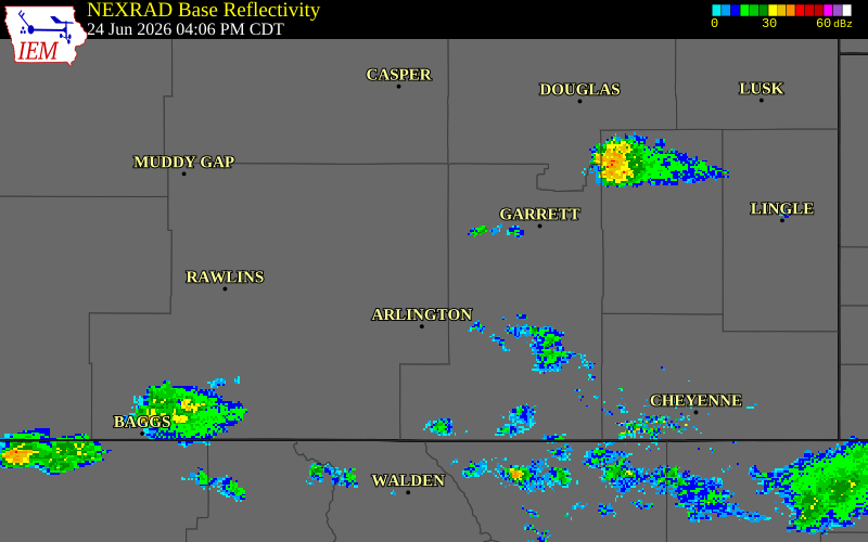 NEXRAD radar during the Wednesday, June 24, 2026 storm activity in Carbon County, Wyoming
